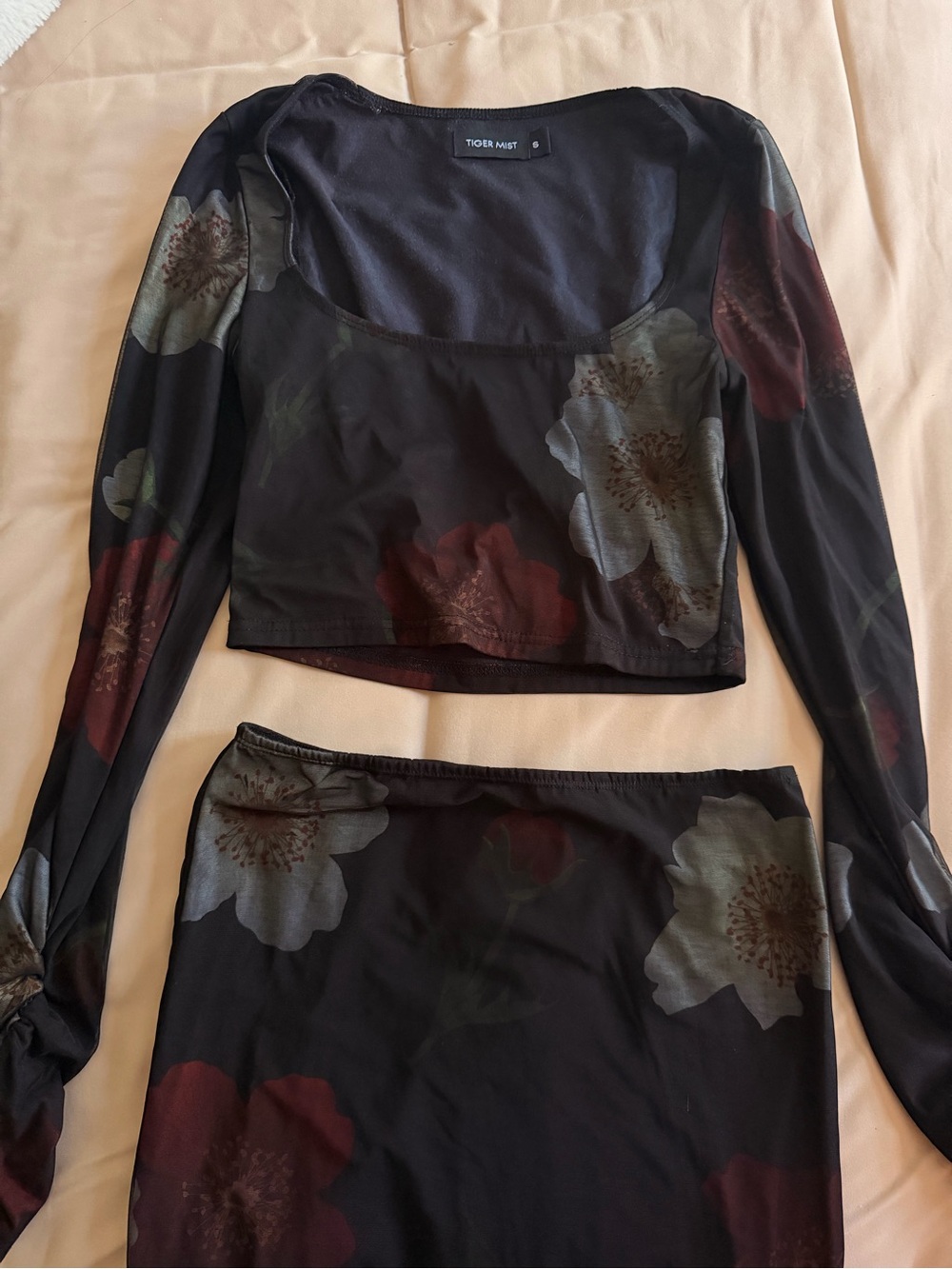 Tiger Mist Black Floral Mesh Skirt Set with Muted Red and Gray Blooms